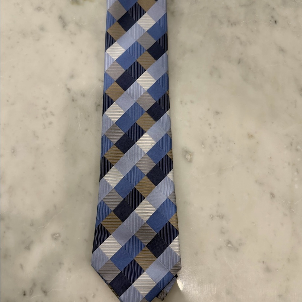 Geoffrey Beene Blue and Gold Plaid Tie